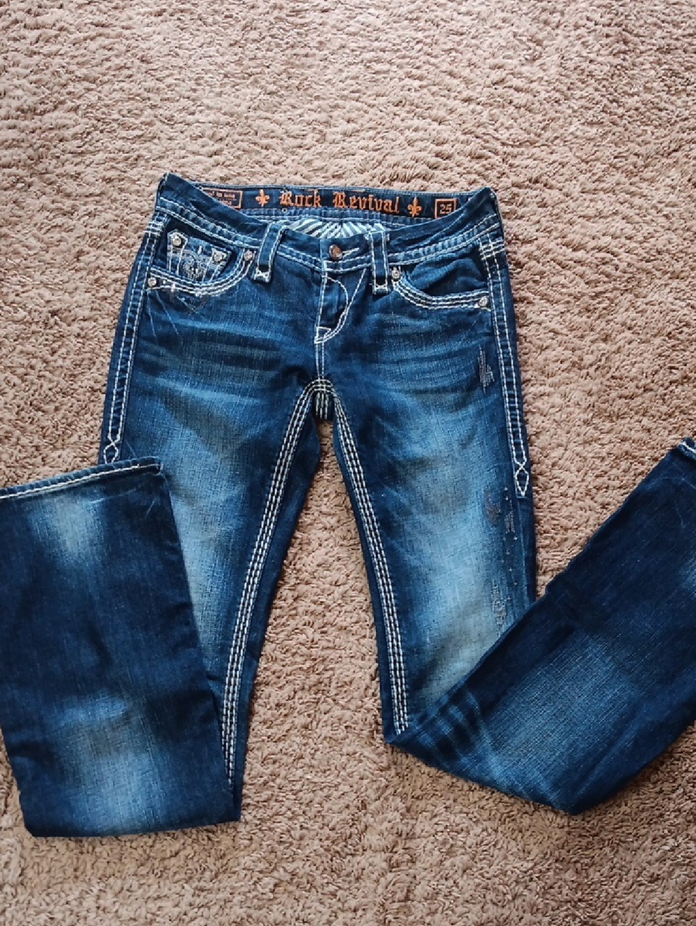 Rock Revival Women's Dark Blue Bootcut Jeans with Contrasting Stitch
